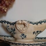 Old gravy boat on frame in terre de fer earthenware by gien, “chardons” model in blue-green