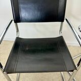 Lot of 4 tubular metal and black leather chairs MG5 Grassi style 70s