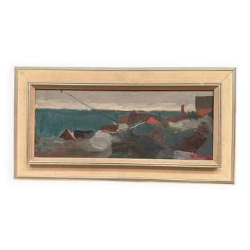 Original Scandinavian Oil on Canvas – “Coastal Landscape” by Kai Christensen – Signed – Vintage & Framed – 70 × 37 cm (27.6" × 14.6")