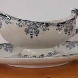 Saucière sur pied en terre de fer bleu/vert modèle "Mignon", H & Cie Sarreguemines