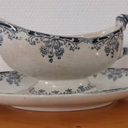 Gravy boat on foot in blue/green iron clay model "Mignon", H & Cie Sarreguemines