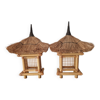 Pair of bamboo wall lamp and thatched roof