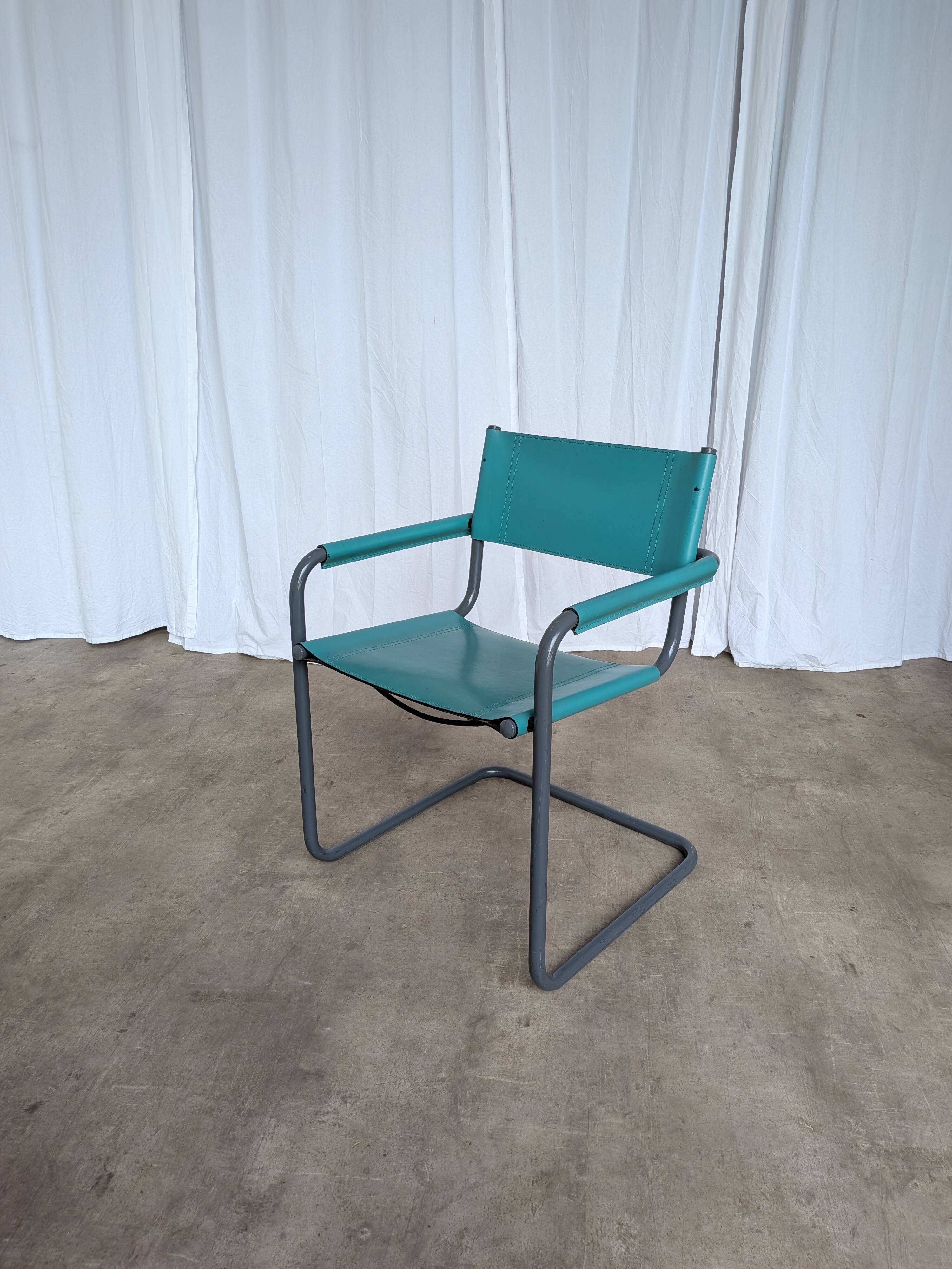 Vintage Mart Stam Style Armchair: Turquoise Leather, Black Chrome Cantileve