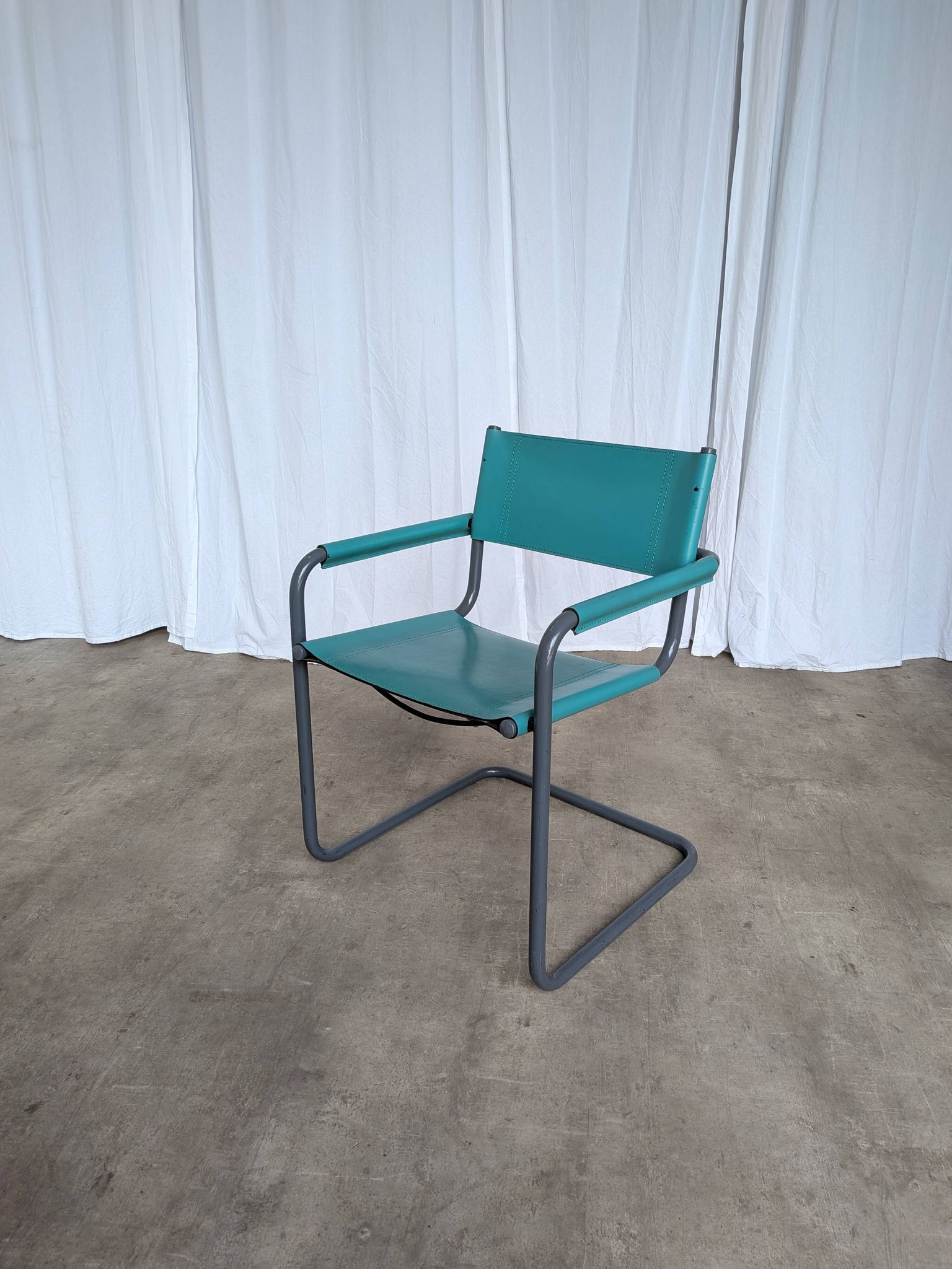 Vintage Mart Stam Style Armchair: Turquoise Leather, Black Chrome Cantileve