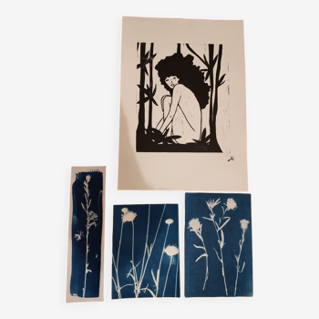 Cyanotype and wood engraving lot