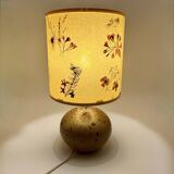 Pyrite stone ball lamp with a lampshade featuring dried flower inclusions.