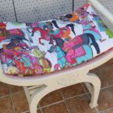 Curule stool in patinated carved wood, Manuel Canovas seat, 60 cm