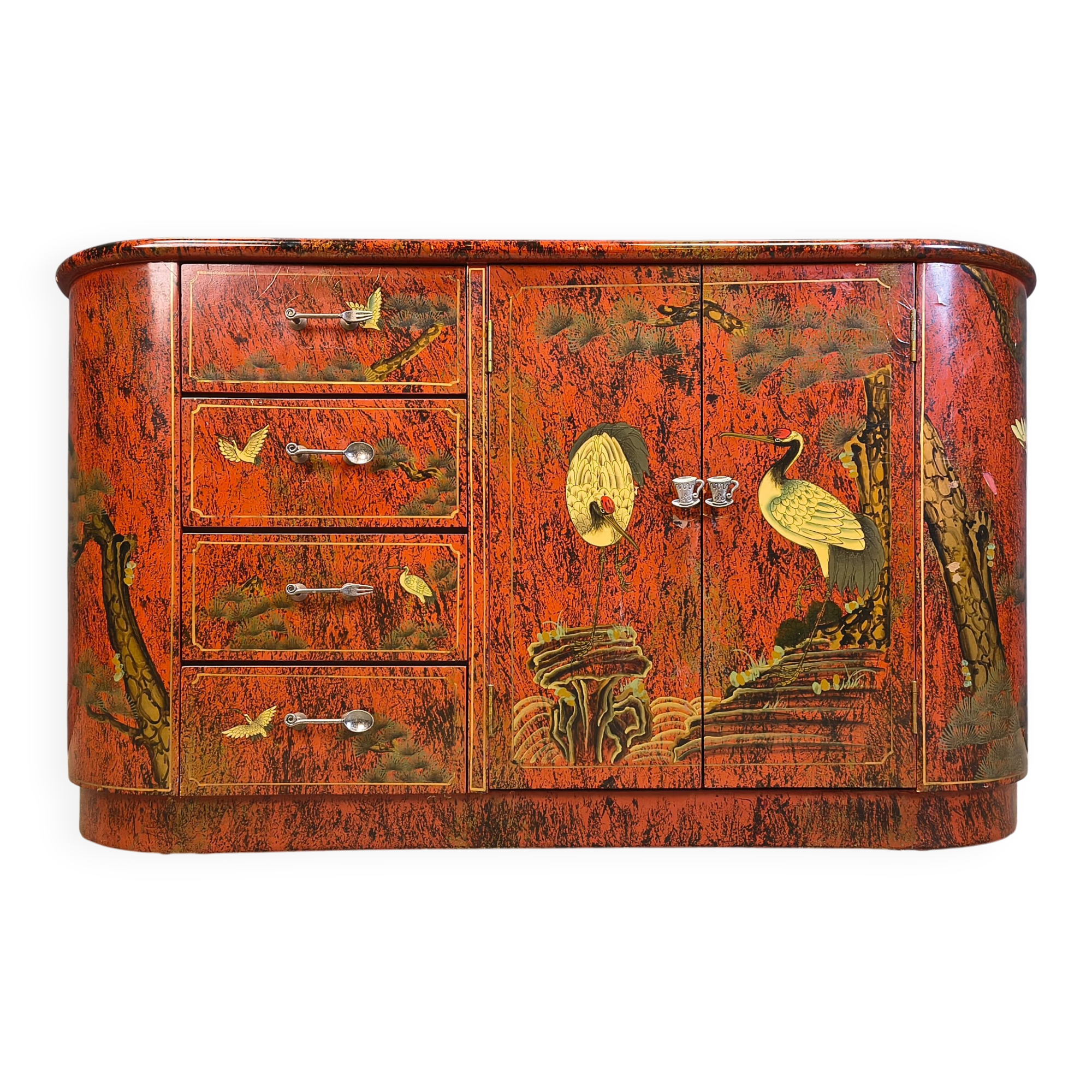 Vintage red chinoiserie cabinet, 1970s