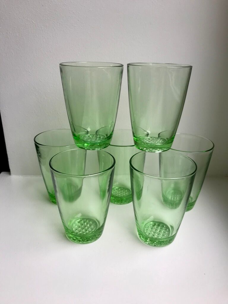 set of 7 water glasses Made in France green glass 70s