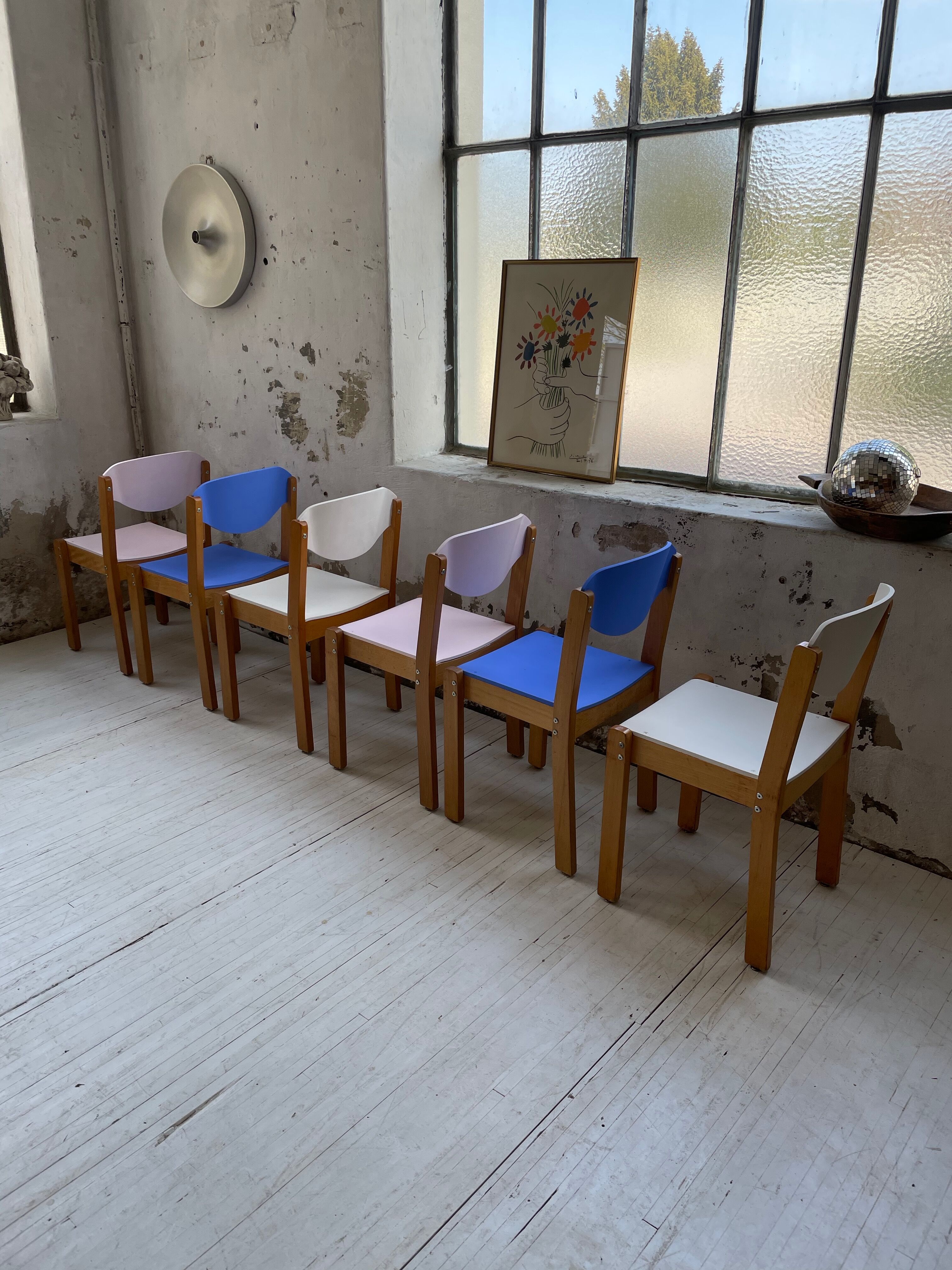 6 colorful 80s beech chairs