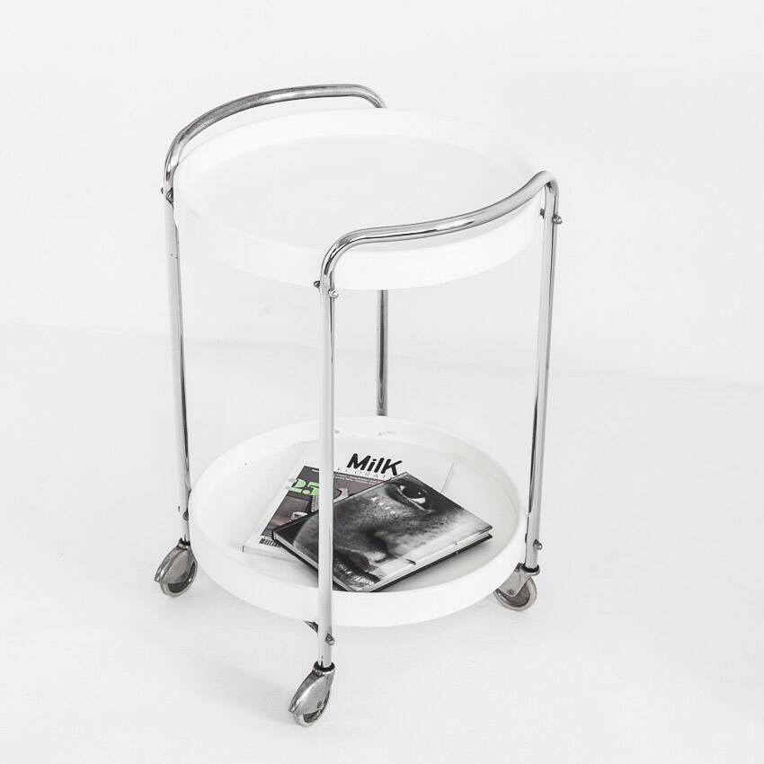 Vintage side table on casters. Chrome-plated iron and plastic. France, 1970s