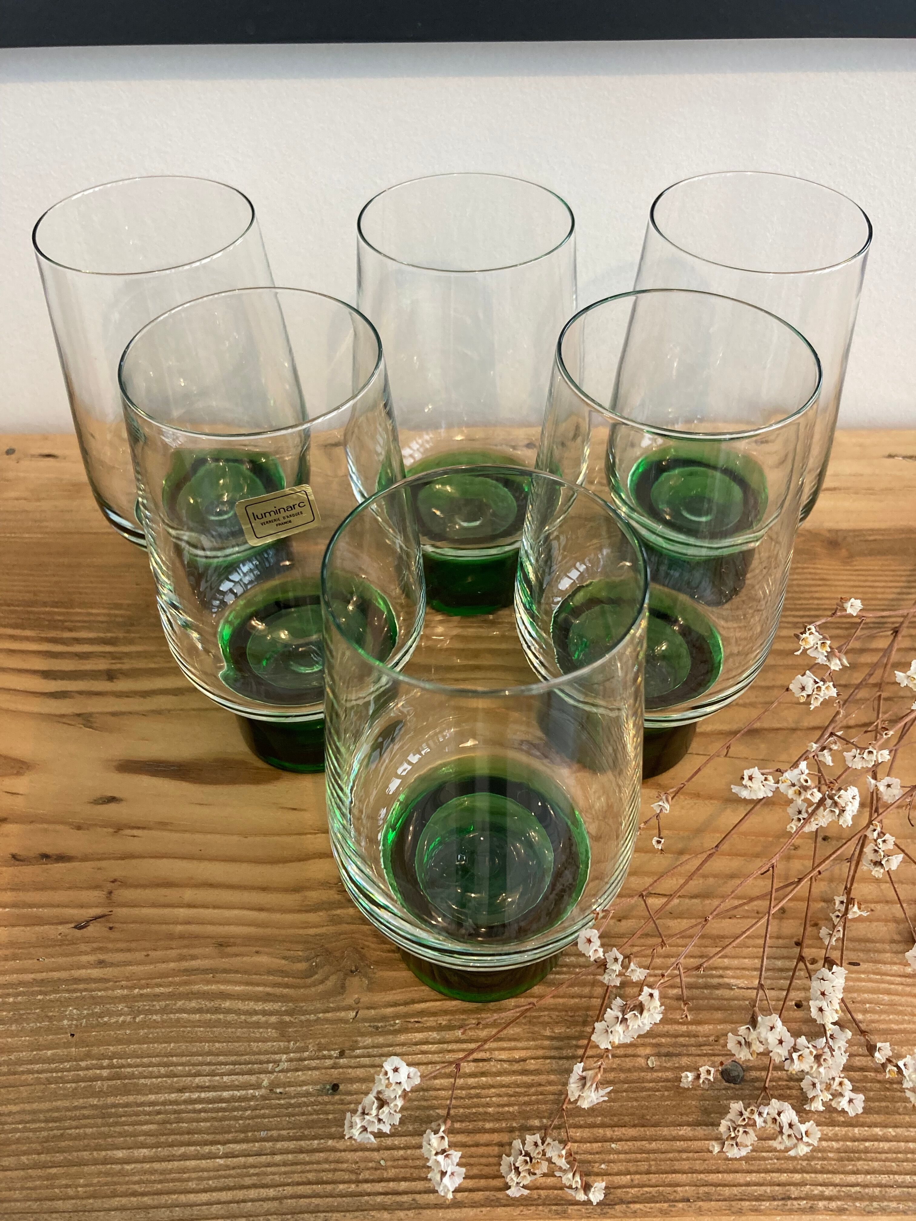 Set of 6 large Luminarc green foot glasses