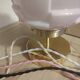 Cubical opaline rose Art Deco lamp on a stem