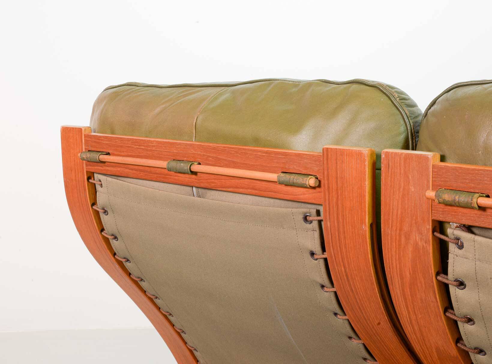 Scandinavian Rybo Rykken Olivegreen Leather 2-Seat Ry-Wing Lounge Sofa, 60s