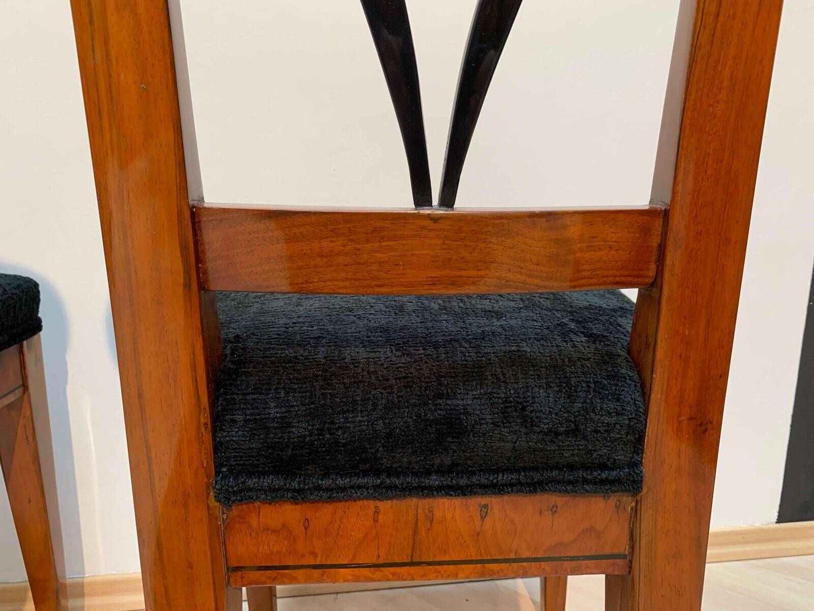 Set of Pair of Biedermeier Shovel Chairs, Walnut, Ink Painting, South Germany, 1830s