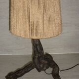 Brutalist lamp in vine stock and vintage rope or fabric lampshade