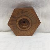 Handmade natural wood candle holder, hexagonal shape and its 3 old beeswax candles.