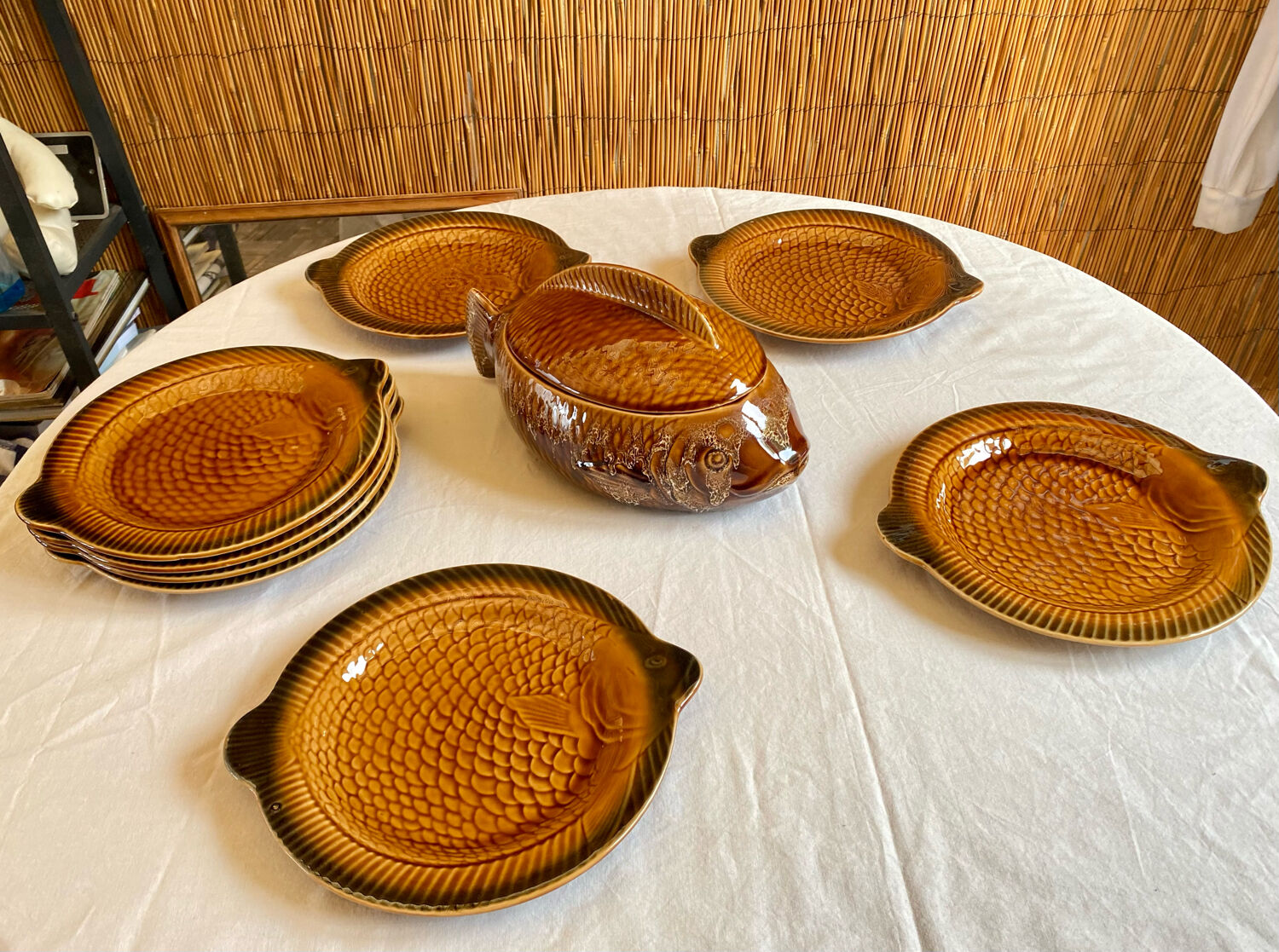 Fish service 8 plates and ceramic soup slurry Sarreguemines vintage 60