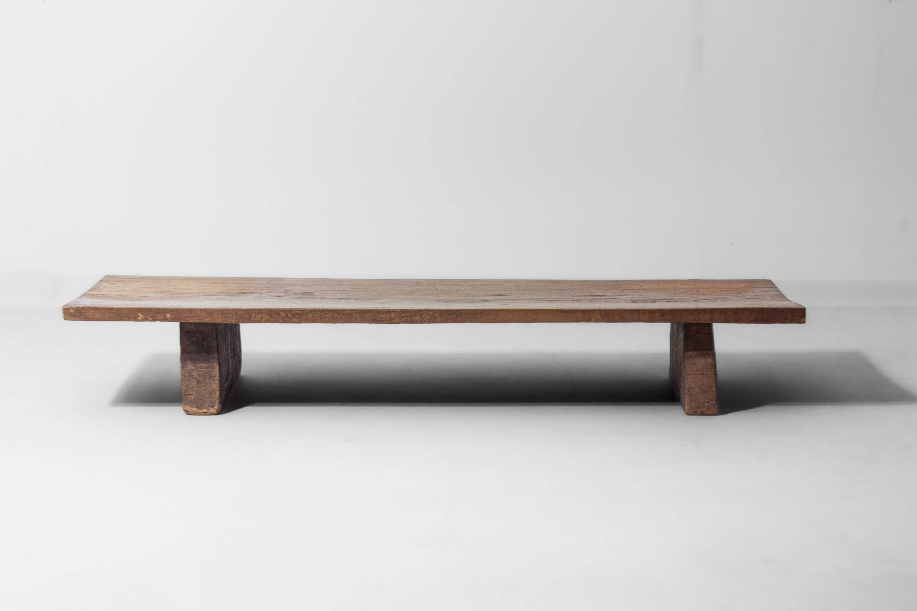 Rustic wabi sabi brutalist coffee table from solid wood, 1900s France