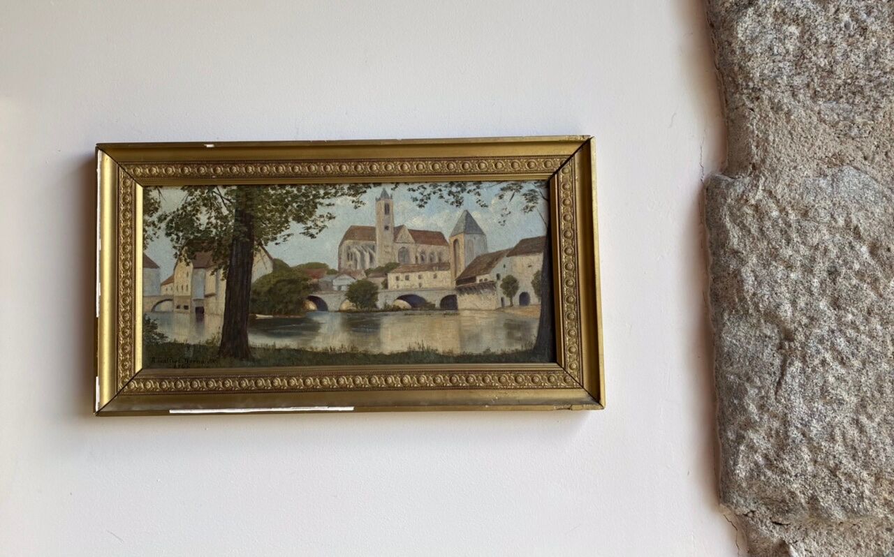 Ancient painting, landscape at the river signed and dated 1946
