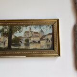 Ancient painting, landscape at the river signed and dated 1946