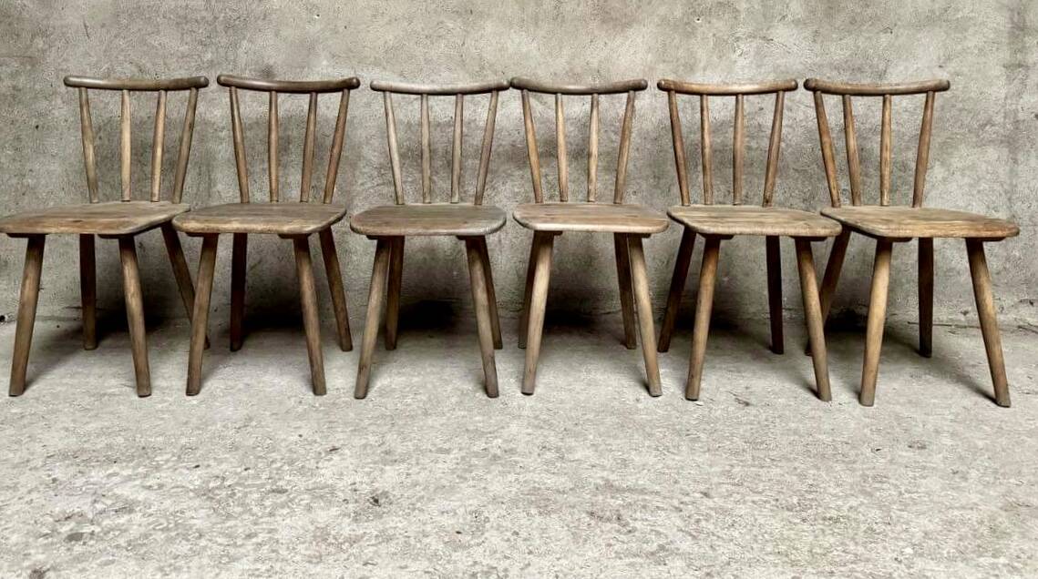 Series Set of 6 old rustic Western bistro chairs in original patina wood