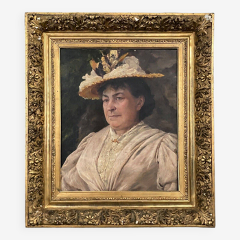 Oil on canvas by Duvanel portrait of woman in hat 19th century