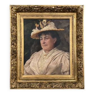 Oil on canvas by Duvanel portrait of woman in hat 19th century