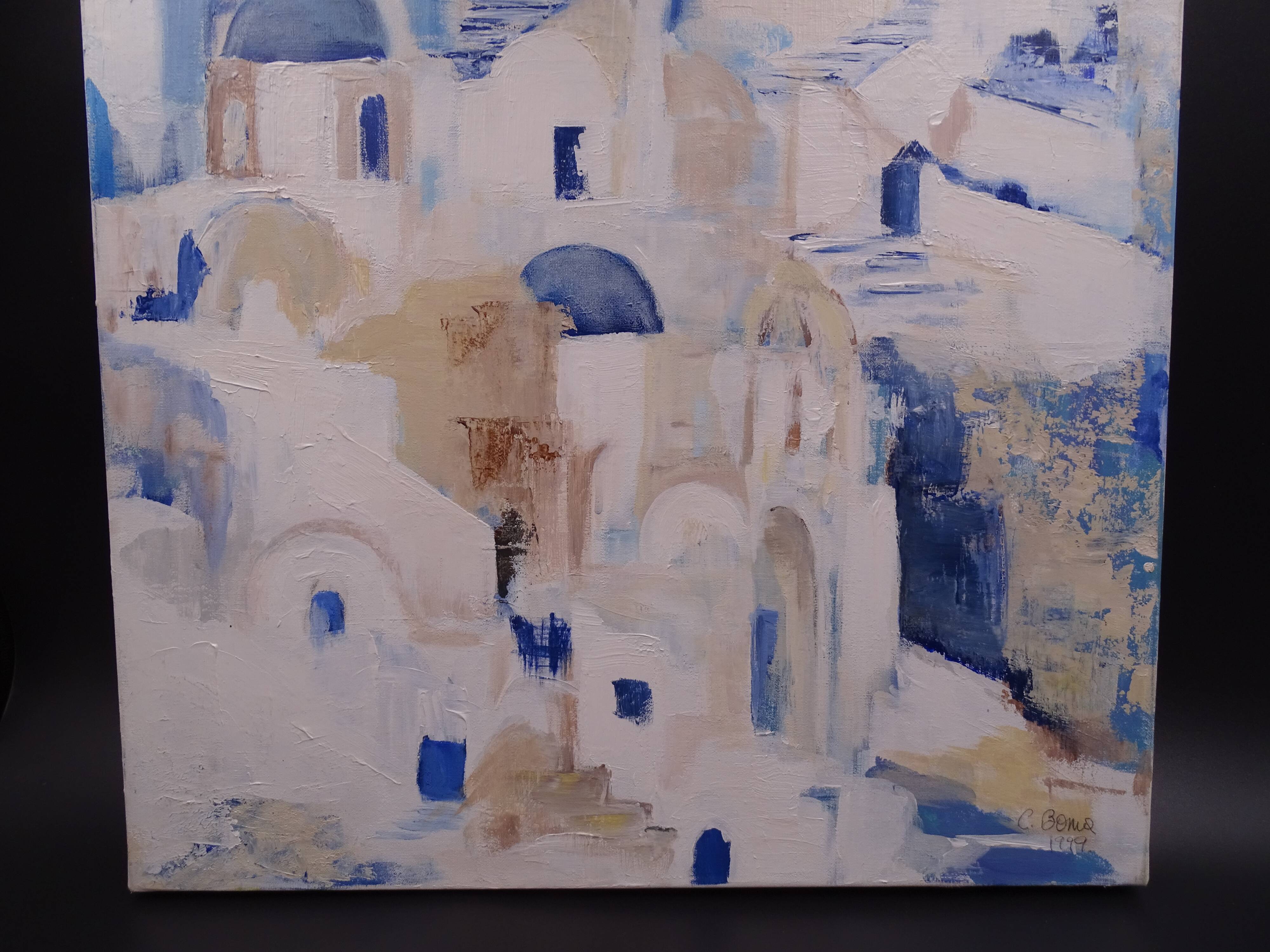 The Greek village - Pastel blue and ochre tones - Signed dated