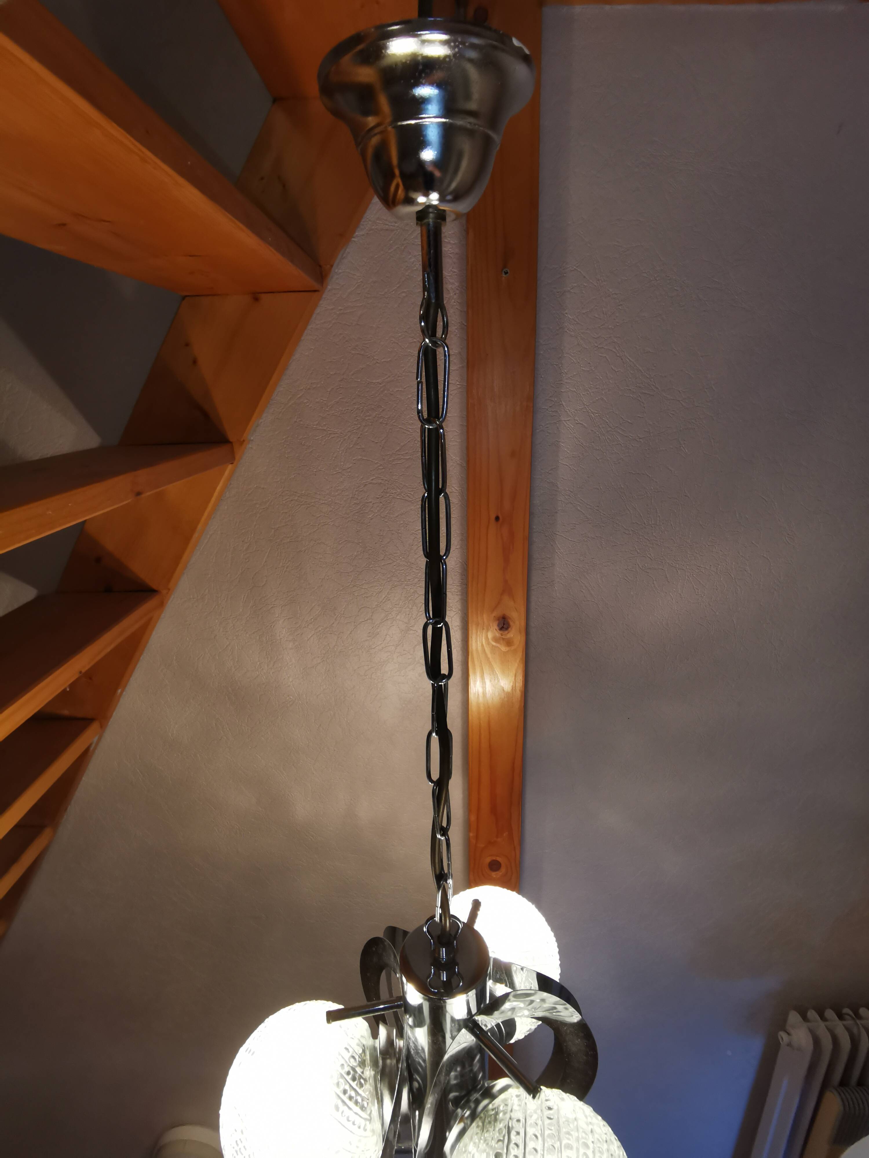 Space age chandelier with 3 lights, stainless steel and cut glass, Mazzega style, 1970