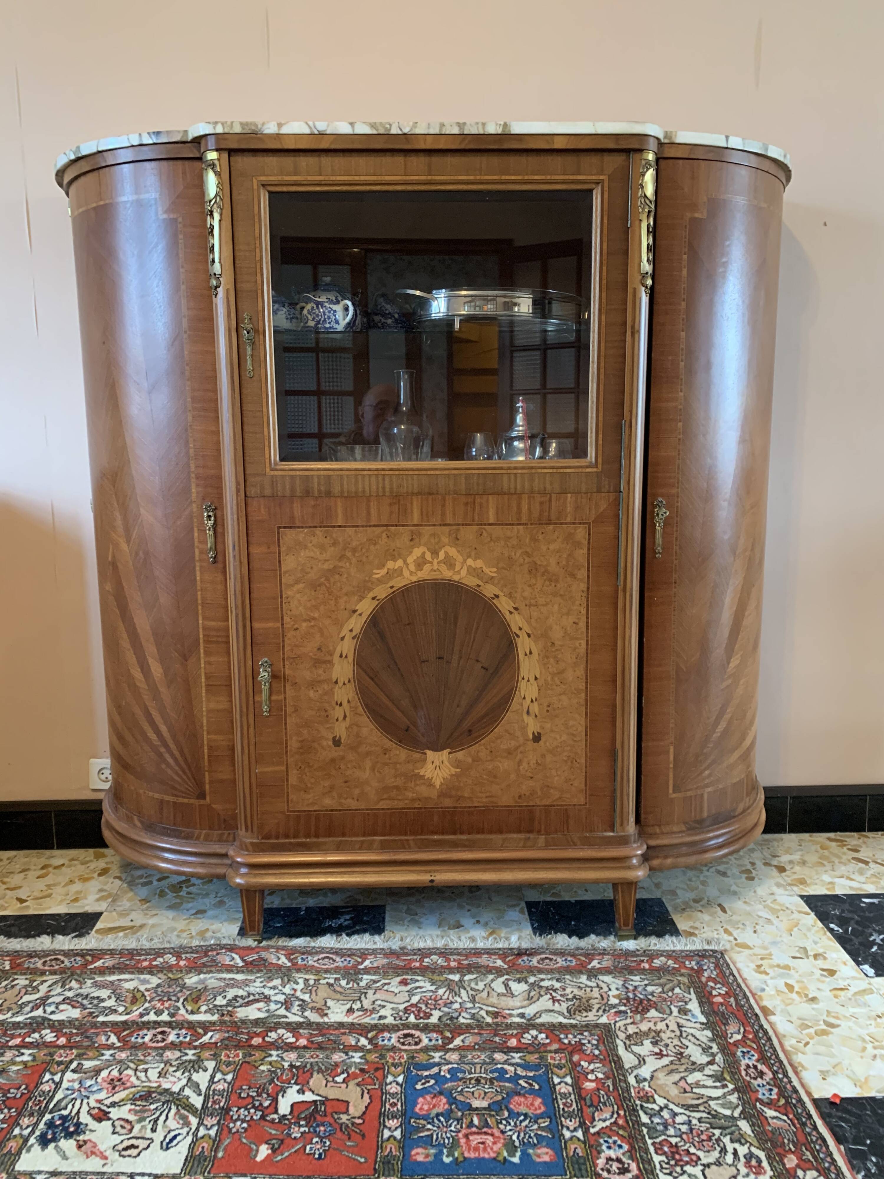 Half-moon buffet with display cabinet in Louis XVI style, marquetry with marble top.