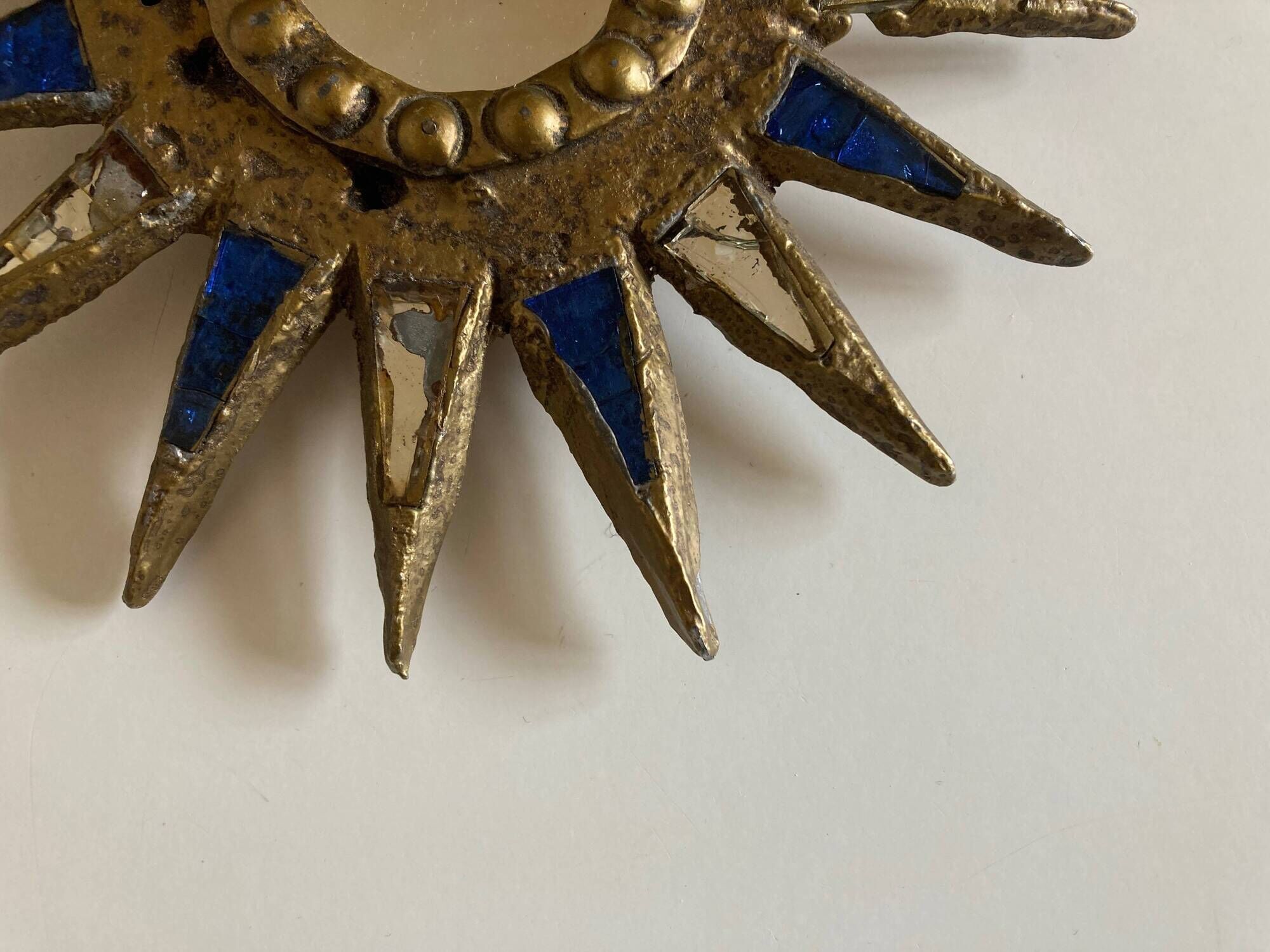 Sun mirror in gilded lead and blue glass Irena Jaworska 1960
