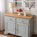 Compact buffet re-enchanted in grey-green, wooden top.