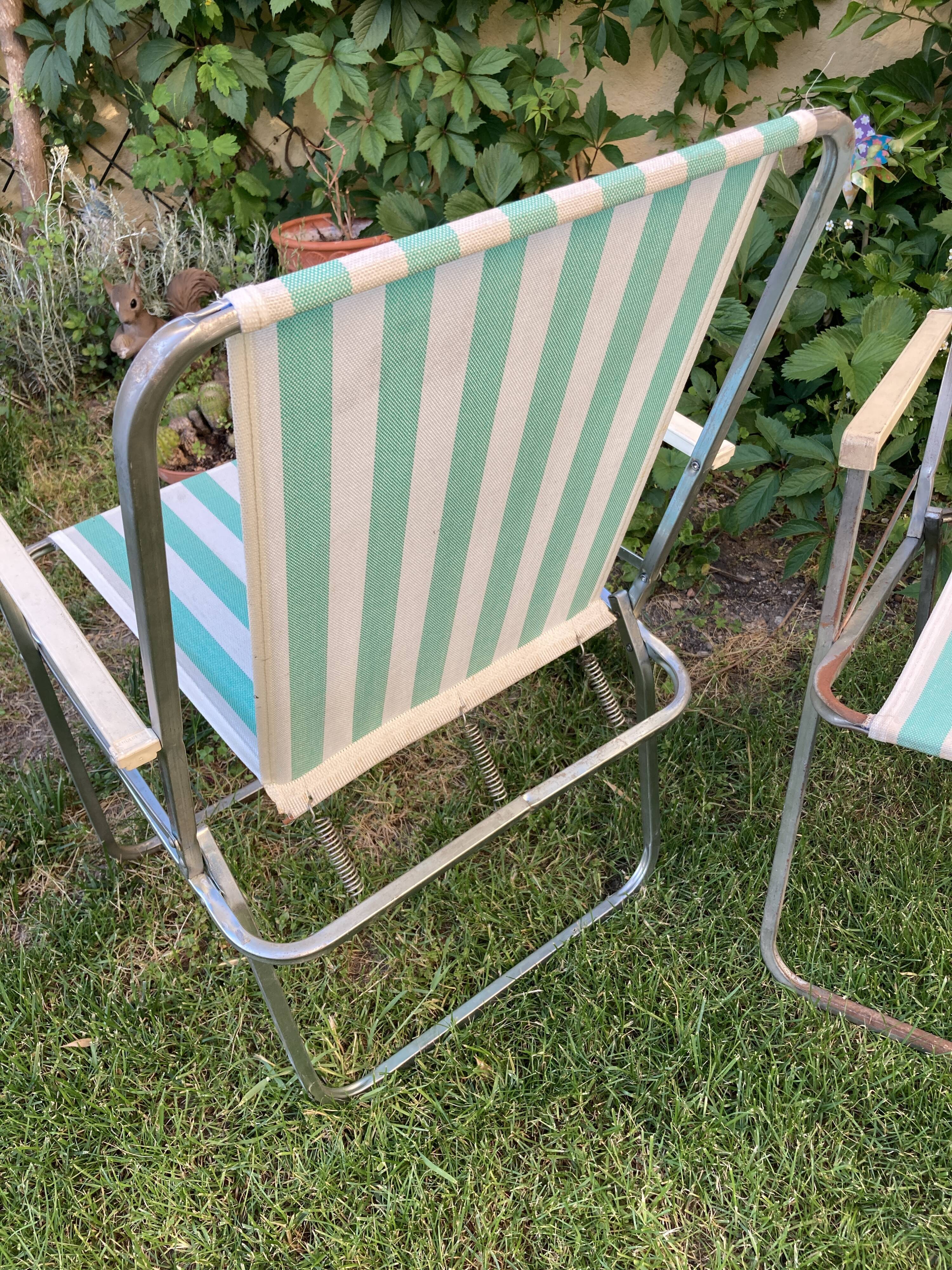 Pair of vintage camping chairs striped green and white