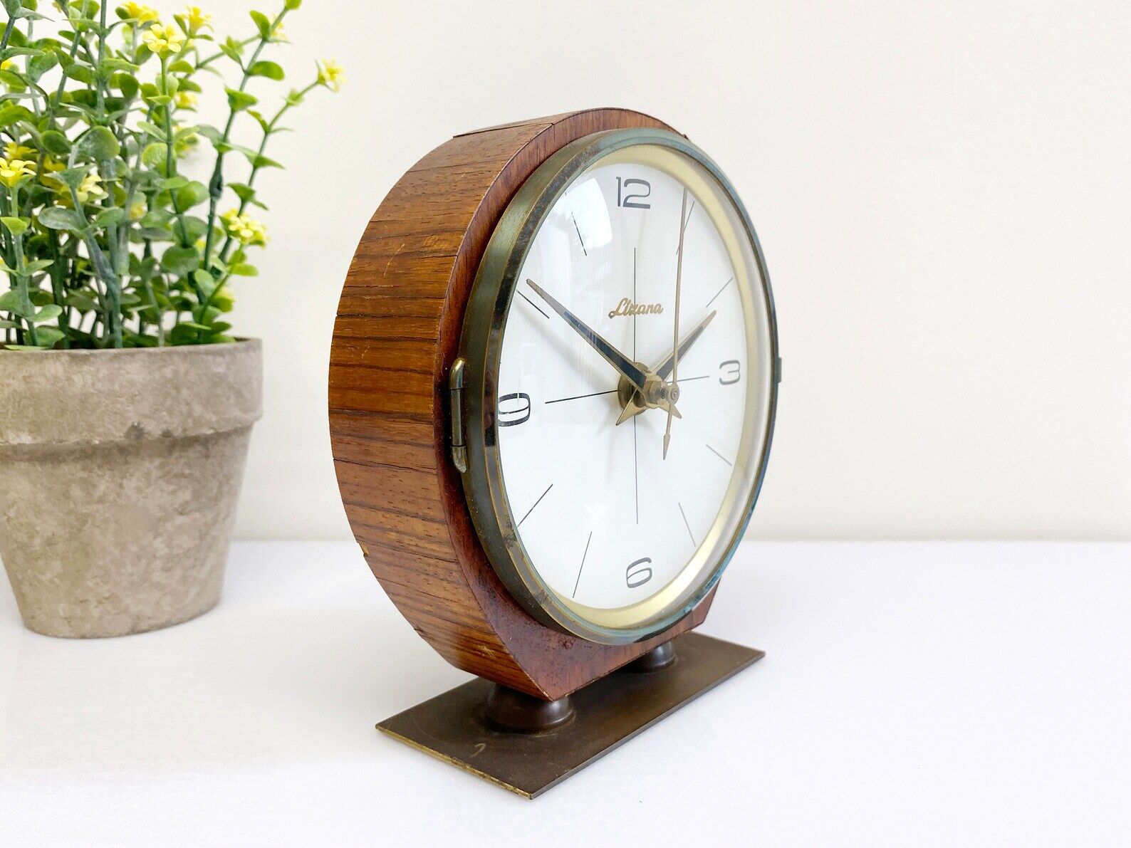 Mid century teak & brass lizana clock, vintage electric table clock