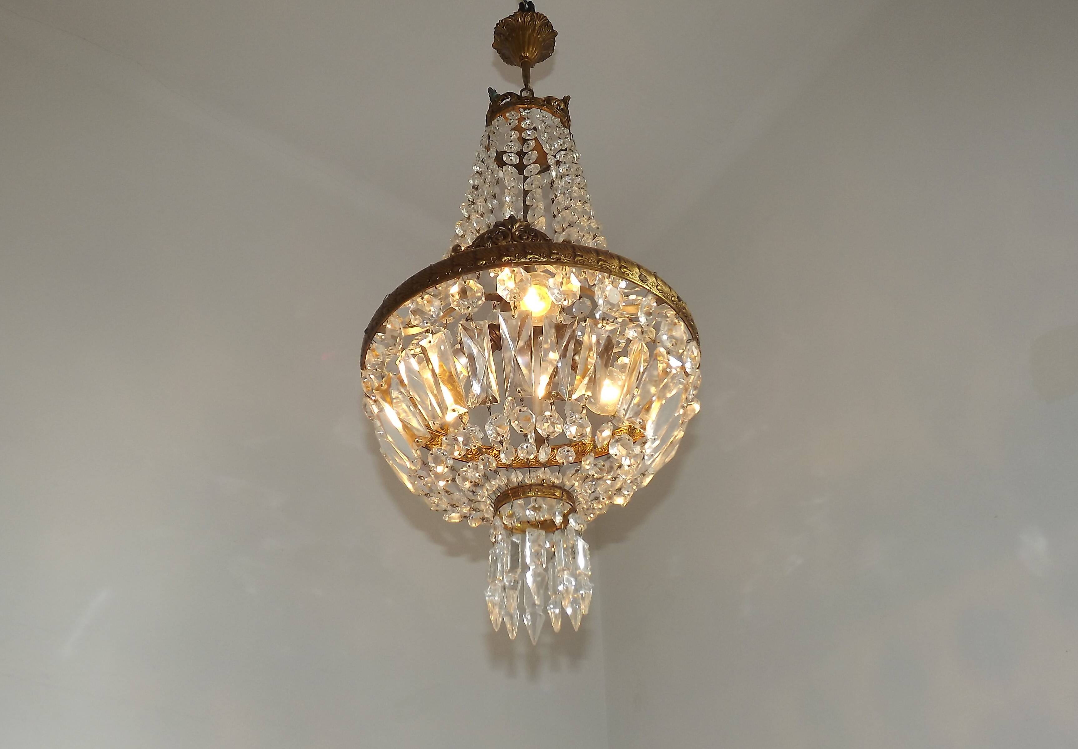 French Empire Style 3 Light Bronze Montgolfier Crystal Basket Chandelier