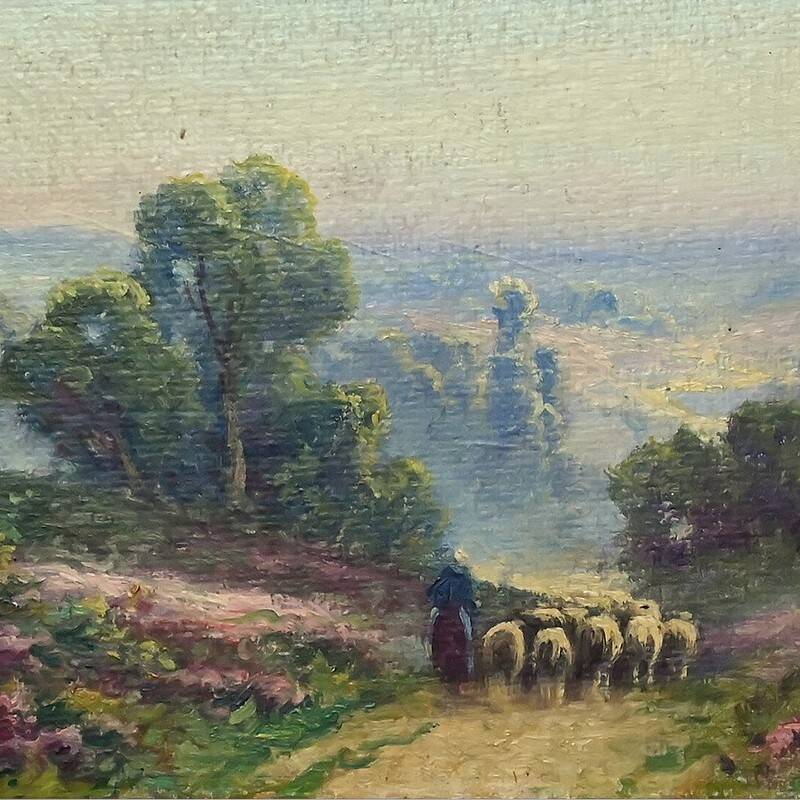 Painting "Shepherdess and her Flock", oil on panel signed G. Corbier – early 20th century