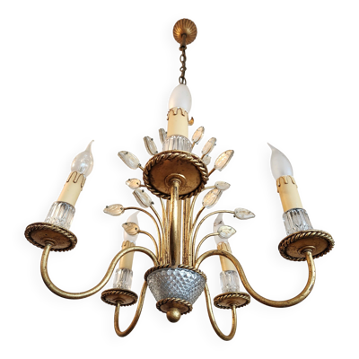 Lustre vintage doré Maison Baguès en cristal des années 60-70 France