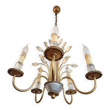 Lustre vintage doré Maison Baguès en cristal des années 60-70 France