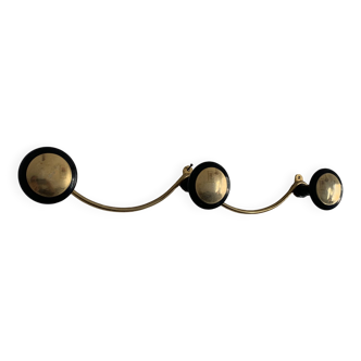 Vintage 1960s wall-mounted coat rack in gold and black with 3 hooks - 45 x 7 cm