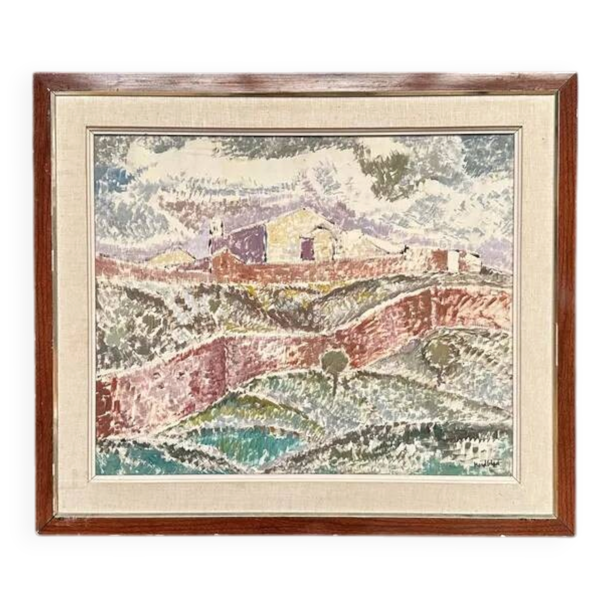 Original Swedish Oil on Canvas – "Landscape with Buildings" by Gösta Nordblad – Signed – Vintage and Framed