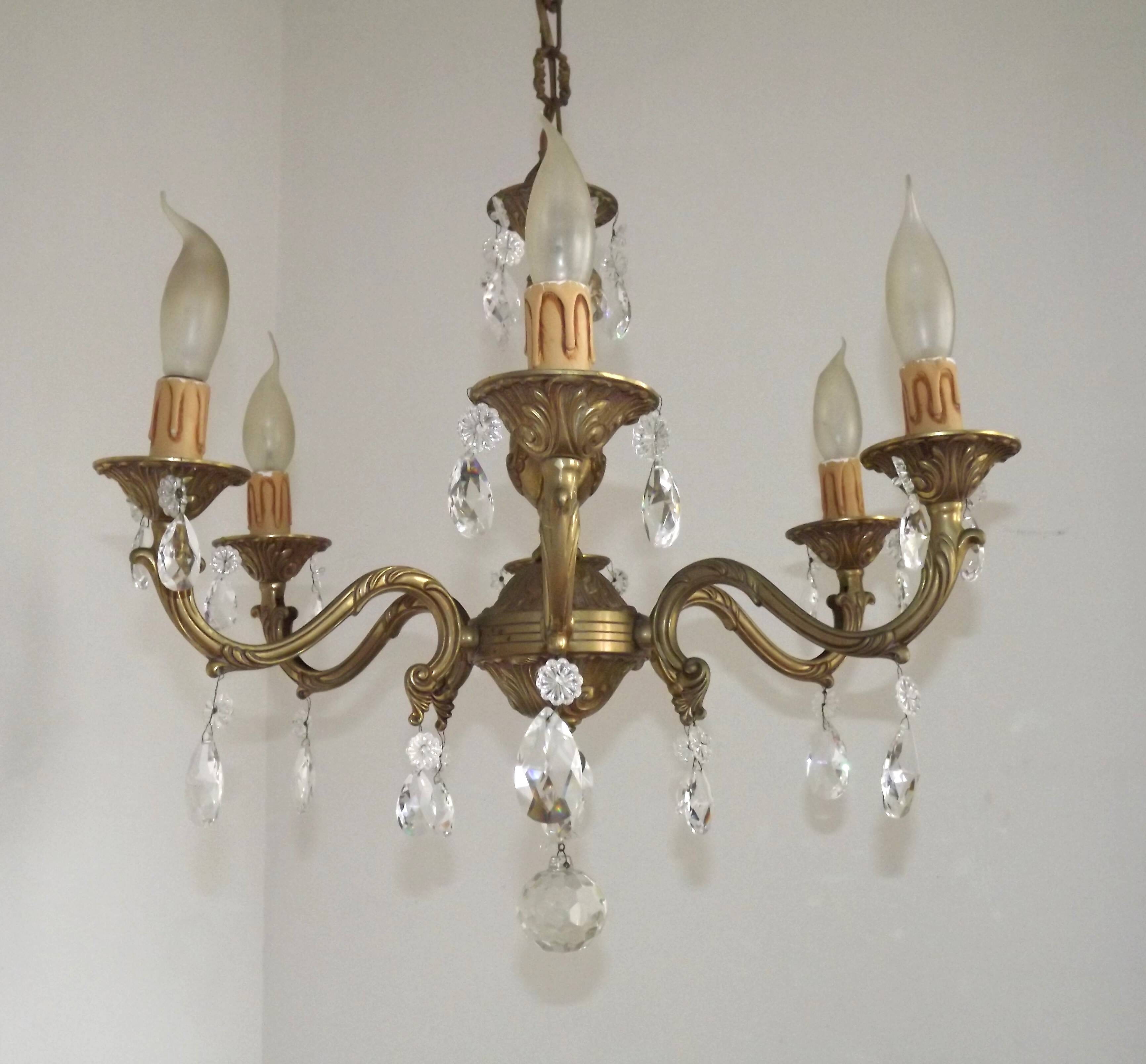 French Mid-Century Bronze 6-Light Chandelier with Crystal Droplets 5491