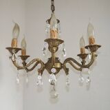 French Mid-Century Bronze 6-Light Chandelier with Crystal Droplets 5491