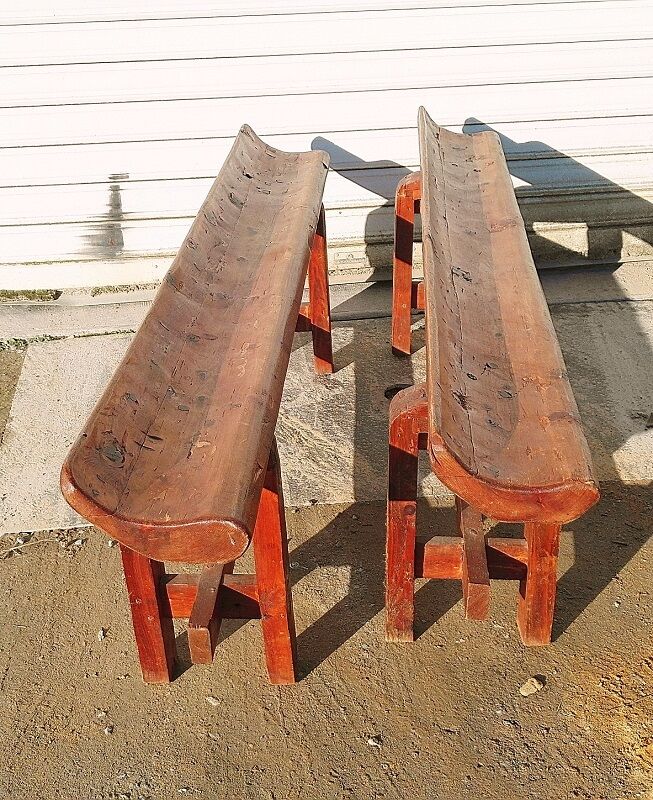 Pair of farm benches, solid wood, brutalist