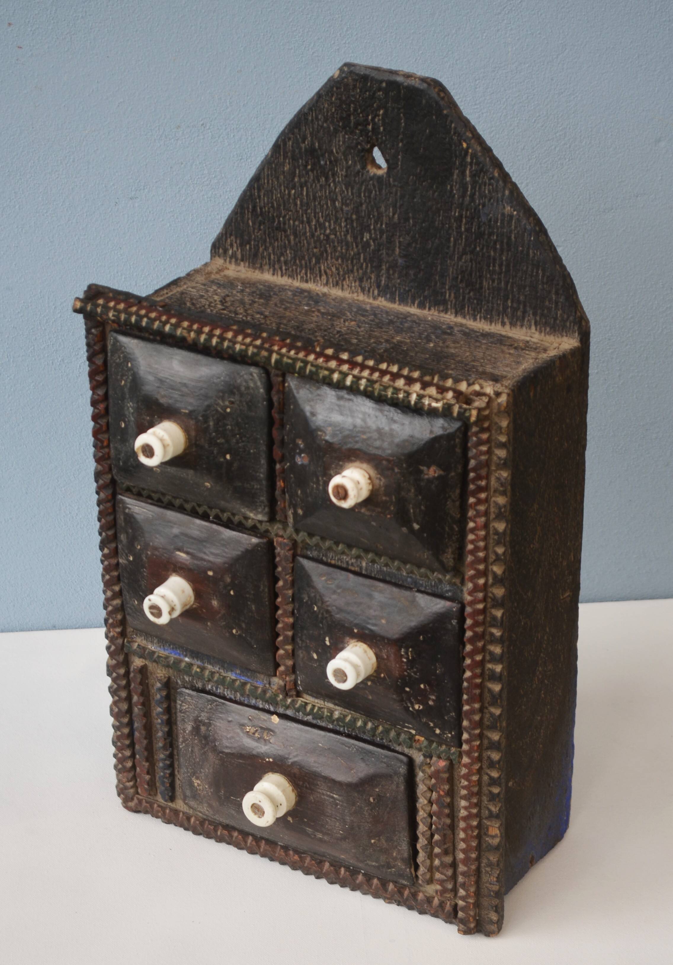 Primitive Wood Carved Kitchen Apothecary Spices Cabinet