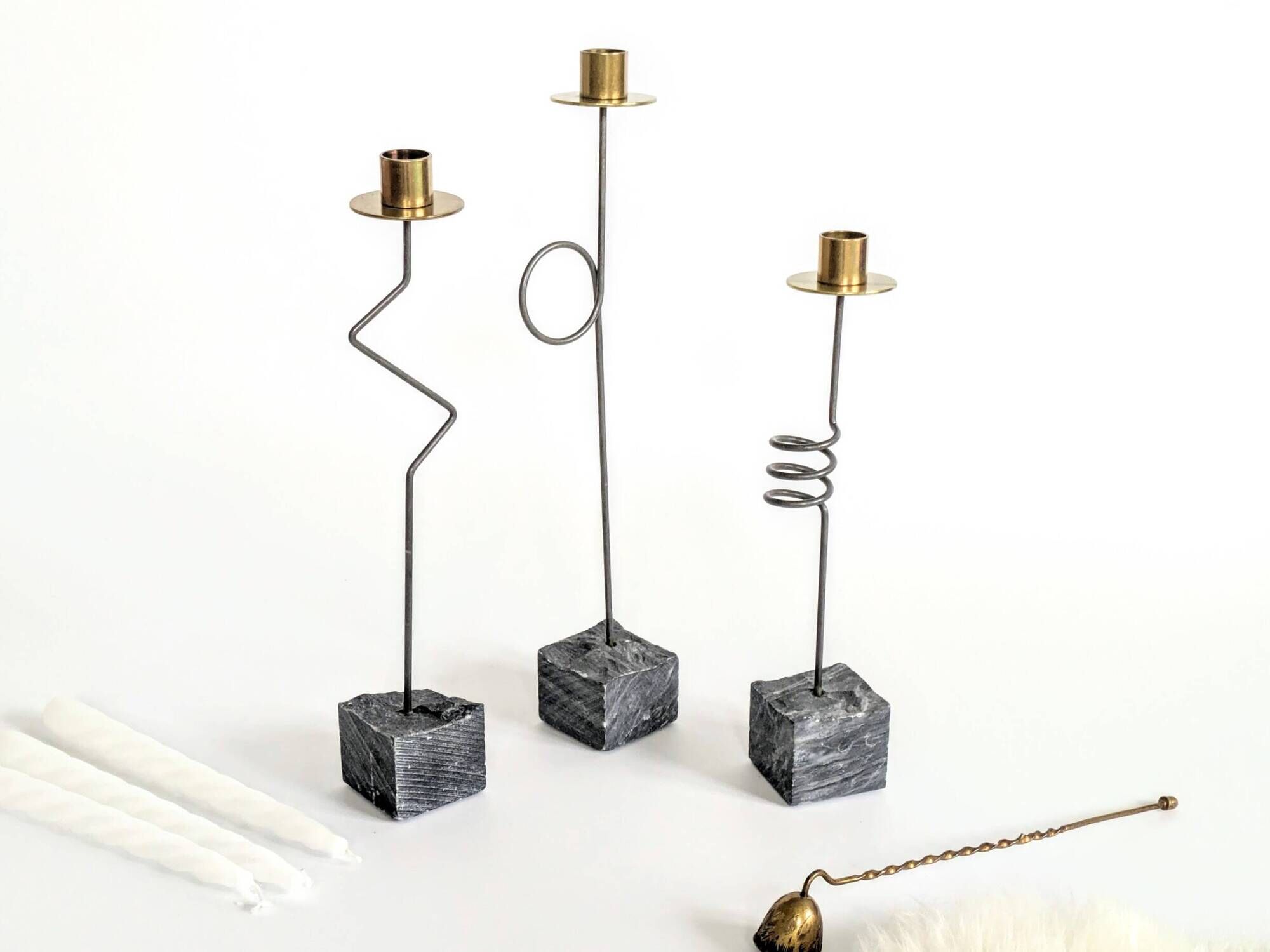 Set of 3 candlesticks | IKEA “Kräsen” from the 1980s | Steel, Brass, Granite