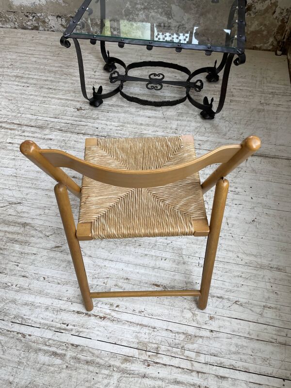 Chaise pliante hêtre et paille années 80