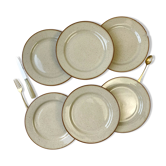 6 assiettes plates en grès beige moucheté Tulowice Poland 1970