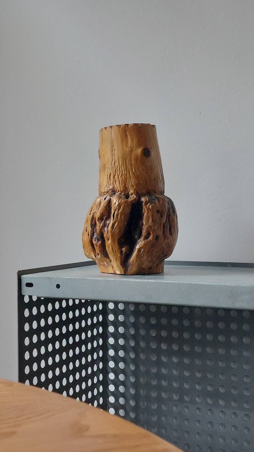 Vintage brutalist hand-carved burl wood vase