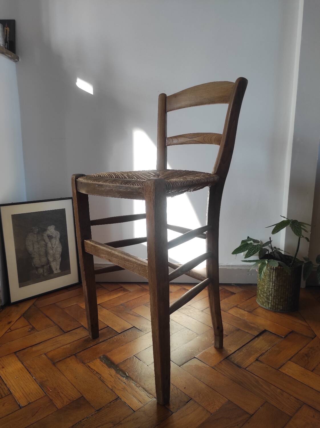Vintage wooden and straw bar stool — Brutalist Style / Perrian